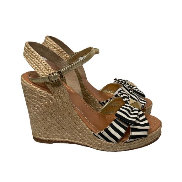 kate spade new york Shoes - Kate Spade Carmelita Black White Stripe Bow Espadrille Nautical Wedge Sandals 7